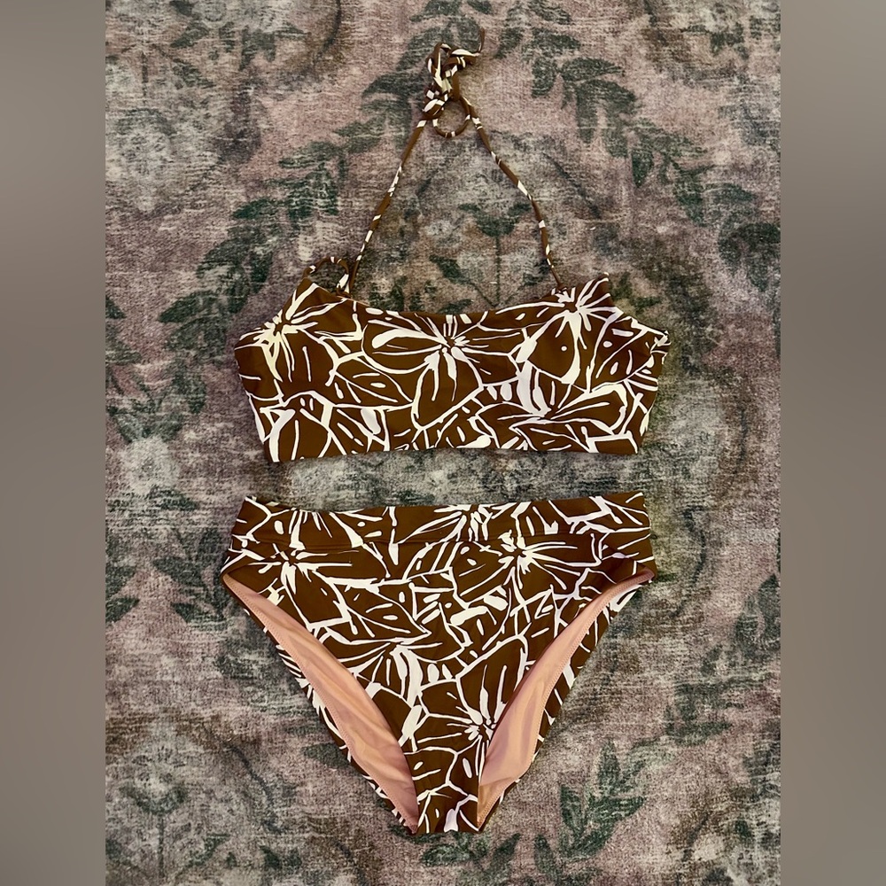 Madewell Brown and Cream Leaf Print Bikini